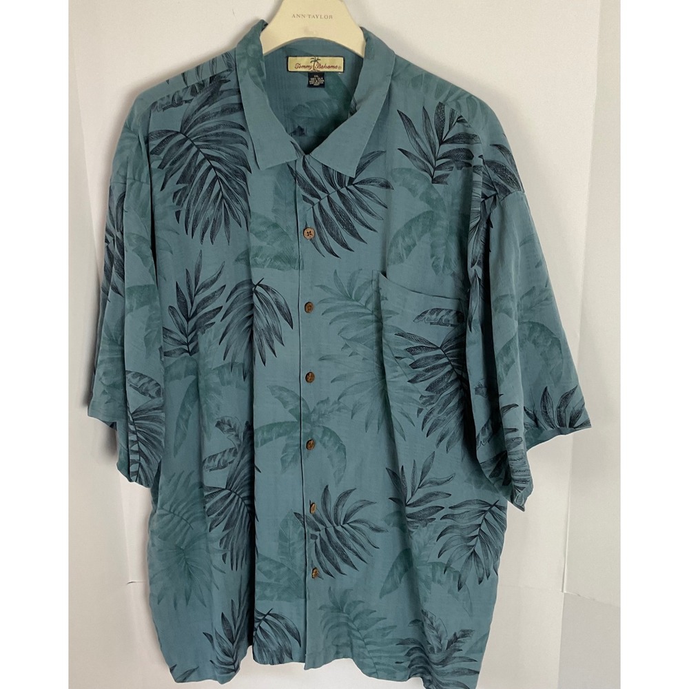 Tommy Bahama Mens XXL Silk Teal Tropical Palm Leaf Print Button Down Camp Shirt